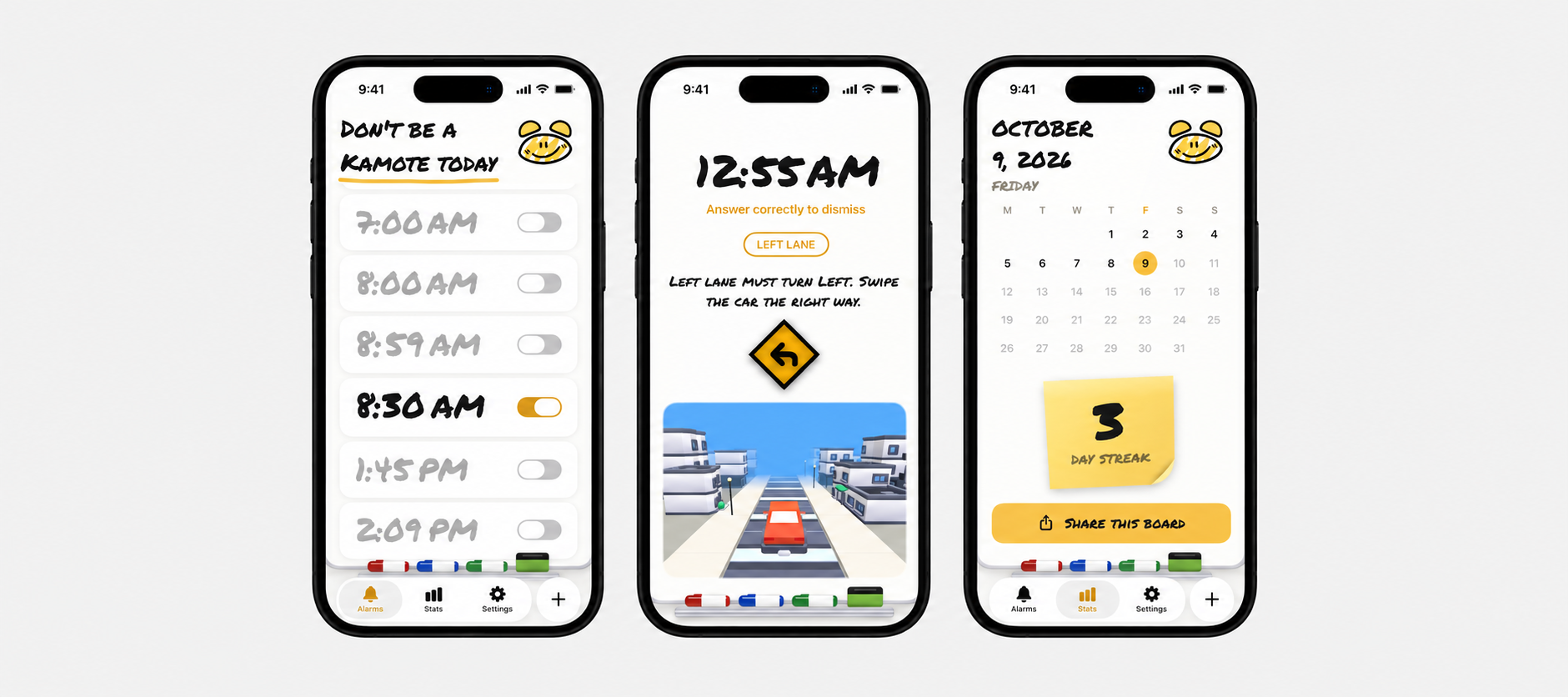 Three Anti-Kamote Alarm Clock iPhone mockups. Alarm list, driving challenge, and calendar streaks.