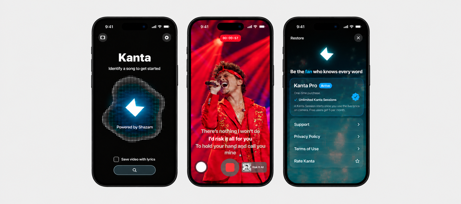 Three Kanta: Camera with Lyrics iPhone mockups. Identify songs and capture every word with live lyrics.