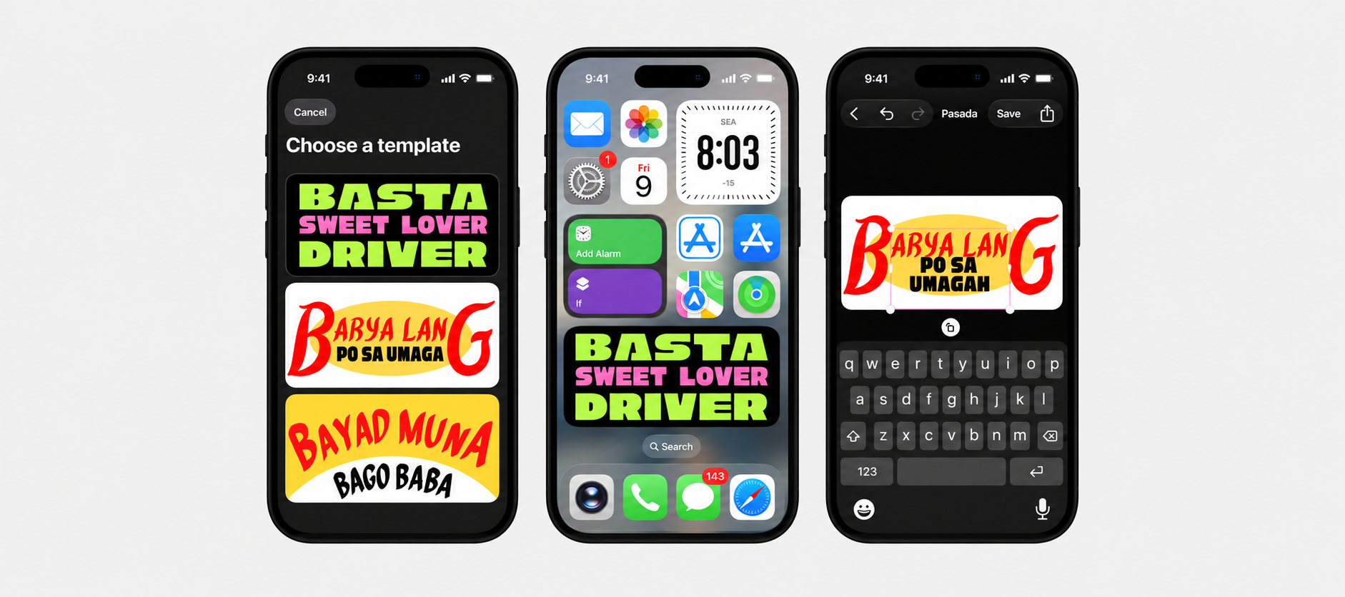 Three Widyip: Jeepney Placard Widget iPhone mockups. Choose a template, display a jeepney placard widget, and customize your text.